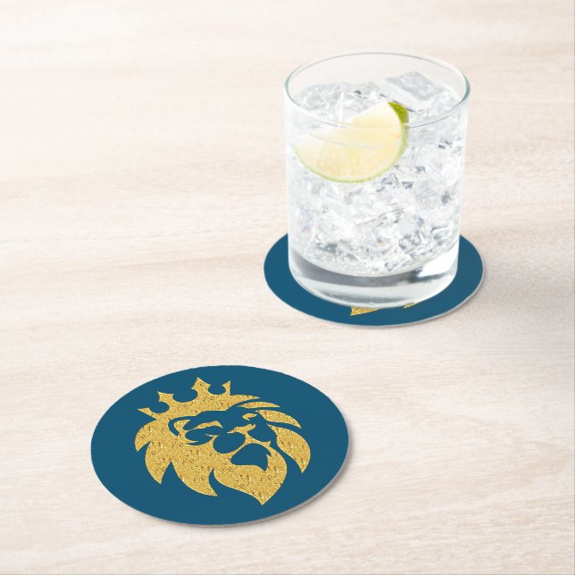 Lion With Crown - Gold Style 1 Round Paper Coaster (Insitu)