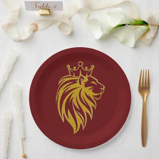Lion With Crown - Gold Style 2 Paper Plate (Wedding)