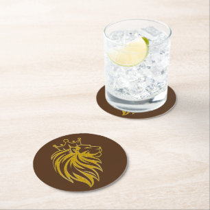 Lion With Crown - Gold Style 2 Round Paper Coaster