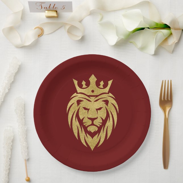 Lion With Crown - Gold Style 3 Paper Plate (Wedding)