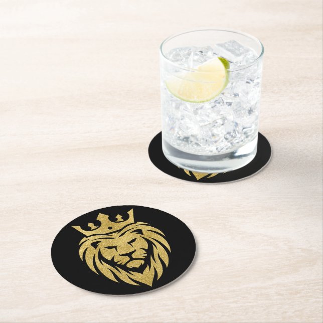 Lion With Crown - Gold Style 3 Round Paper Coaster (Insitu)