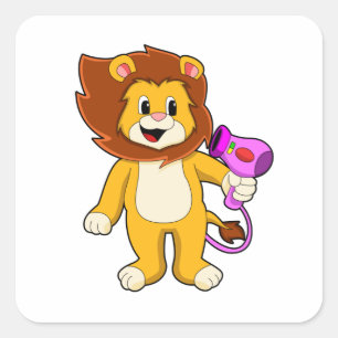 Lion with Hair dryer Square Sticker