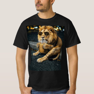 Lion With Sunglasses Drinking Iced Coffee T-Shirt