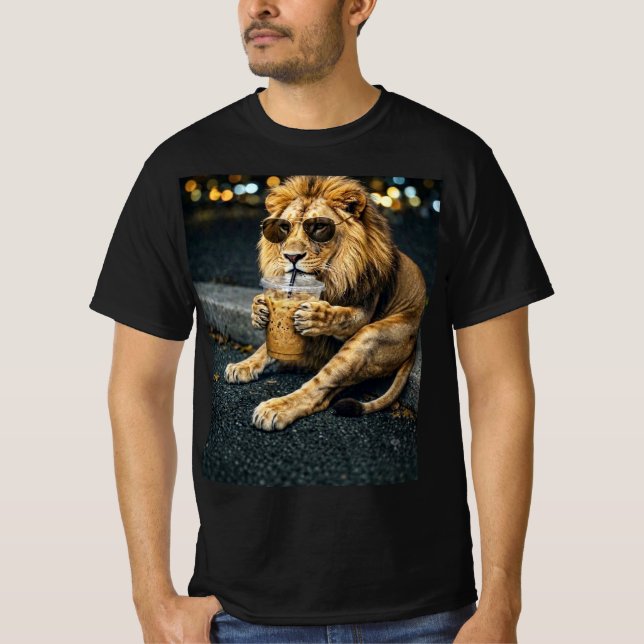 Lion With Sunglasses Drinking Iced Coffee  T-Shirt (Front)