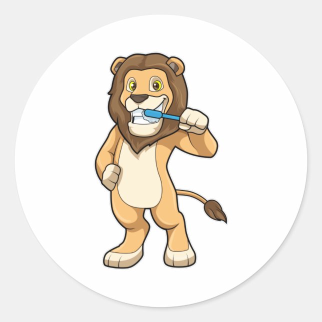 Lion with Toothbrush Classic Round Sticker (Front)