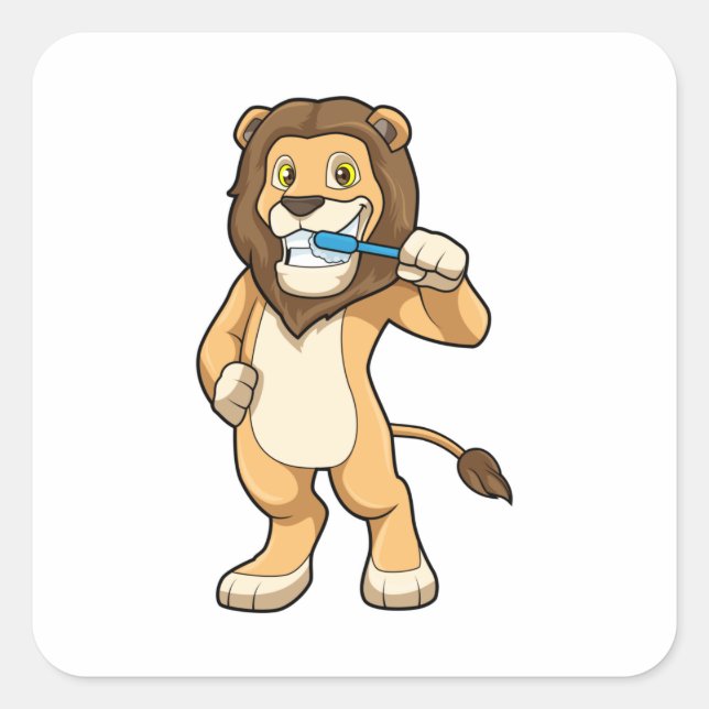 Lion with Toothbrush Square Sticker (Front)