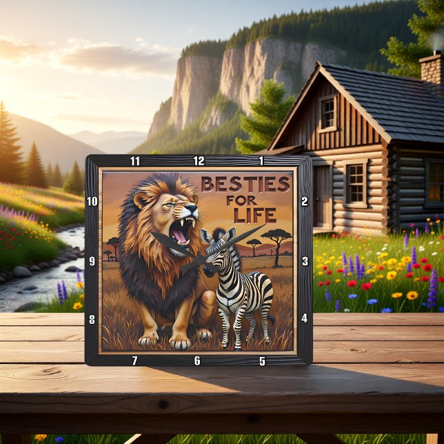 Lion Zebra Savanna Habitat Square Wall Clock (Creator Uploaded)