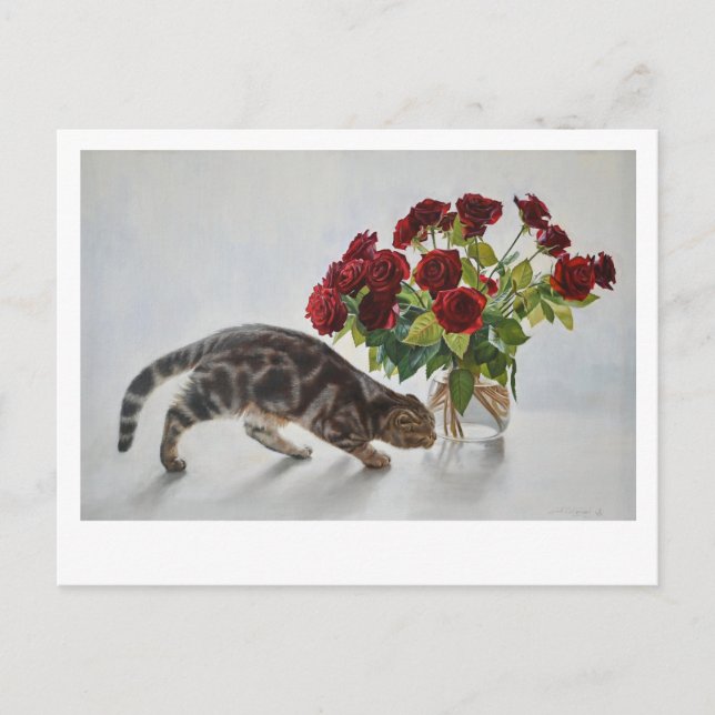 Lionel the Cat and the Roses – Fine Art Postcard (Front)