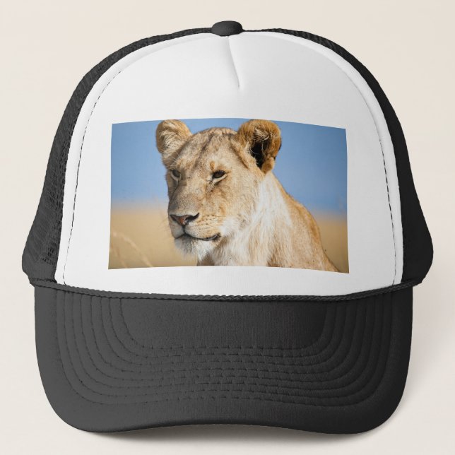Lioness against blue sky trucker hat (Front)