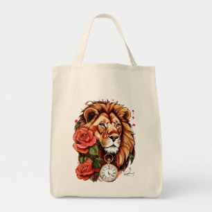 Lioness Grace: Tattoo-Style Rose Grocery Tote Bag