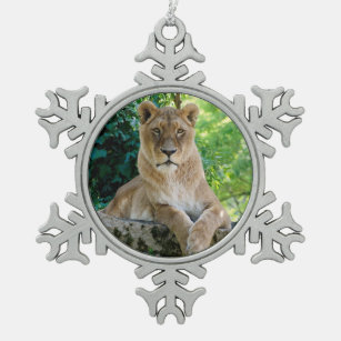 Lioness lying on rock  snowflake pewter christmas ornament