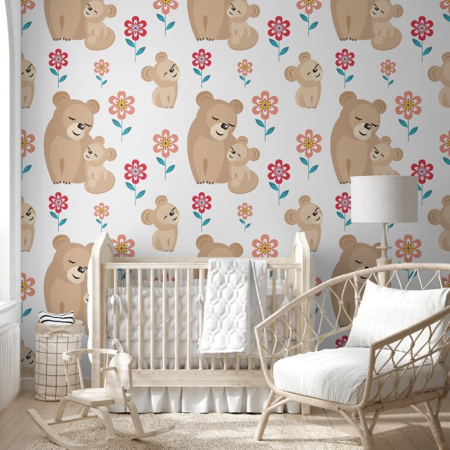 Lioness mother with baby flowers pattern nursery wallpaper (Kids)
