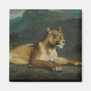 Lioness reclining, c.1855 (oil on panel) magnet