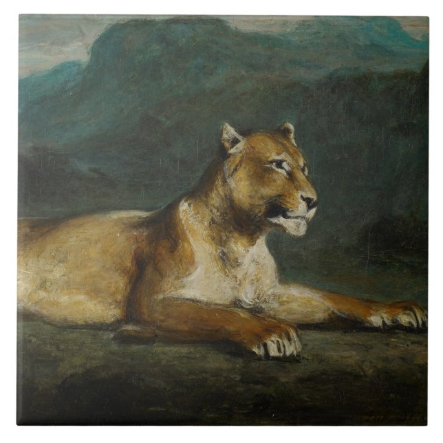 Lioness reclining, c.1855 (oil on panel) tile (Front)