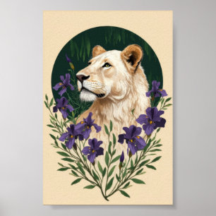 Lioness with Lavender Vintage Boho Botanical Poster