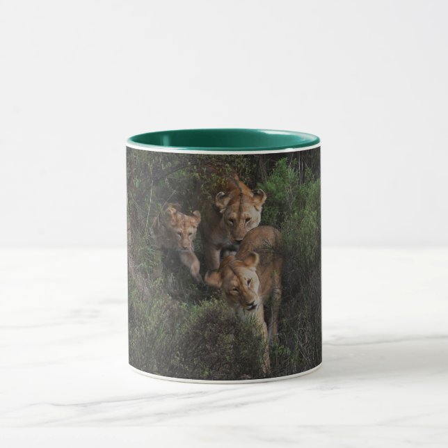 Lionesses And A Lion Cub Coming Through The Shrubs Mug (Center)