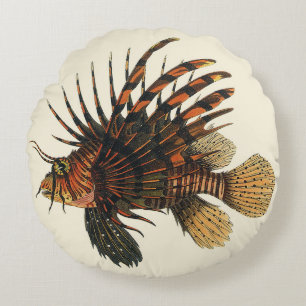 Lionfish Fish, Vintage Marine Ocean Life Animal Round Cushion