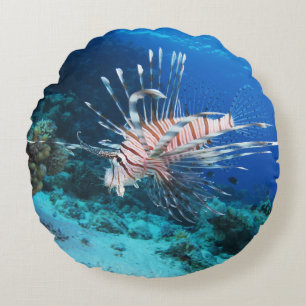 Lionfish or Pterois Miles, Ocean Reef Fish Round Cushion