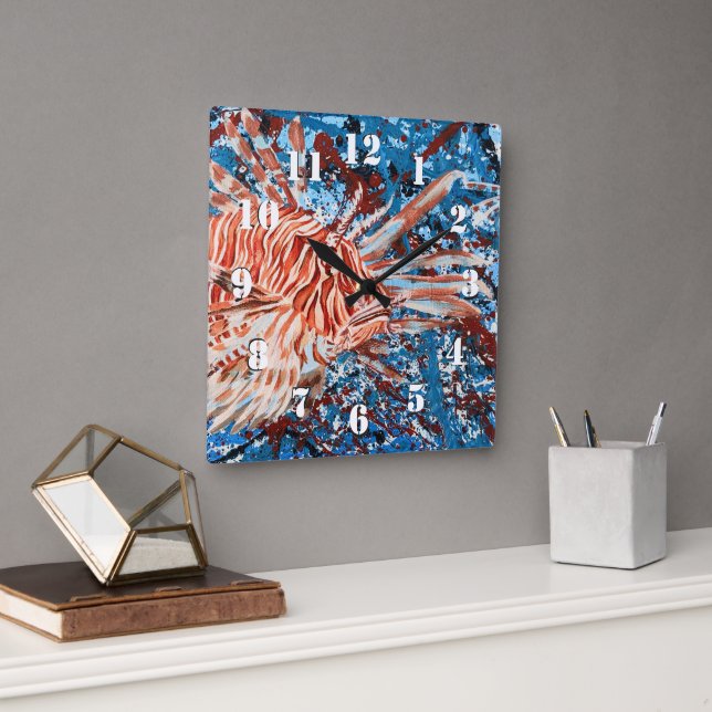 LionFish Splatter Art Square Wall Clock (Office)