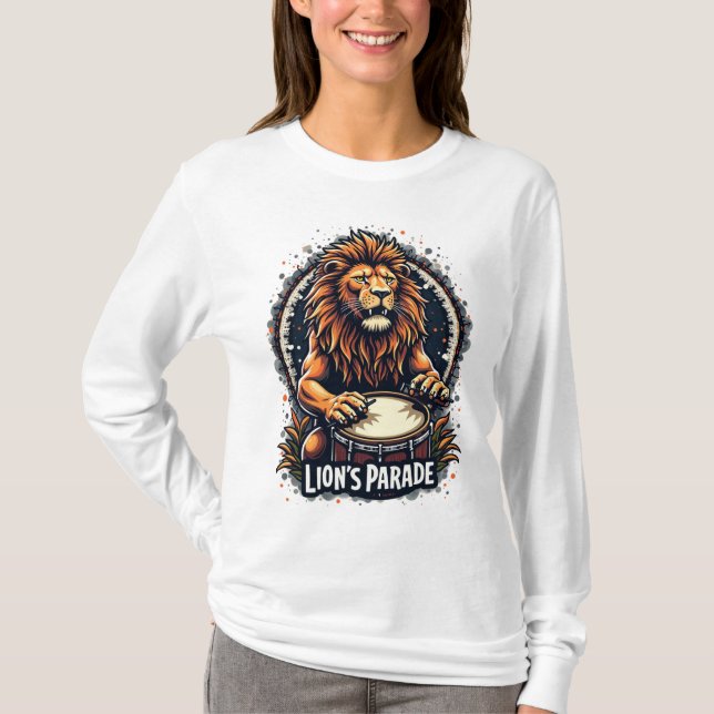 Lion's Drum Parade funny art : Majestic Lion Print T-Shirt (Front)