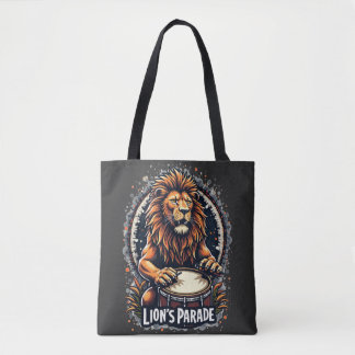 Lion's Drum Parade funny art : Majestic Lion Print Tote Bag