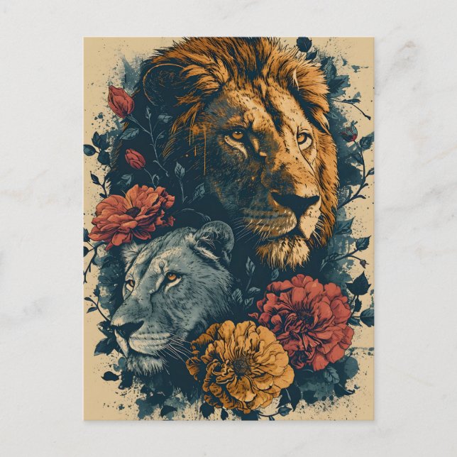 Lions & Flowers: Vintage Postcard (Front)