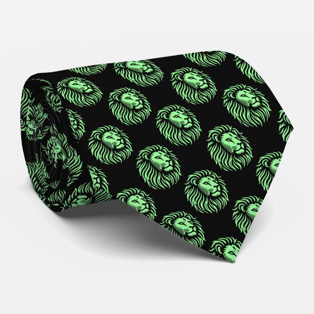Lion's Head Pattern - Mint Green on Black Tie (Rolled)