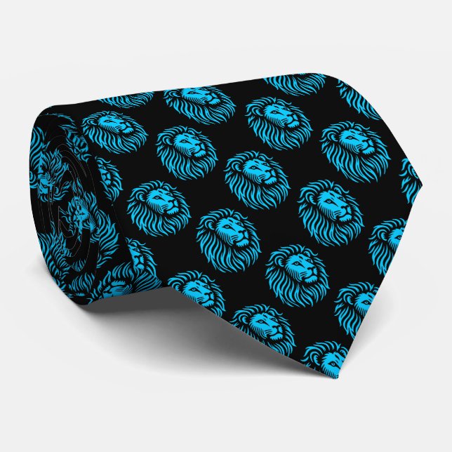 Lion's Head Pattern - Sky Blue on Black Tie (Rolled)