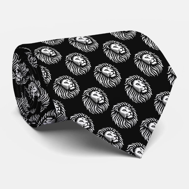 Lion's Head Pattern - White on Black Tie (Rolled)