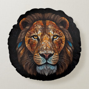 Lions head with mosaic stained glass effect round cushion