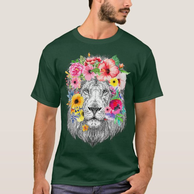 Lions Mane With Flowers - Floral African Lion T-Shirt (Front)