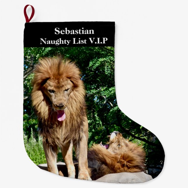 Lions Naughty List VIP with name Large Christmas S Stocking (Front)