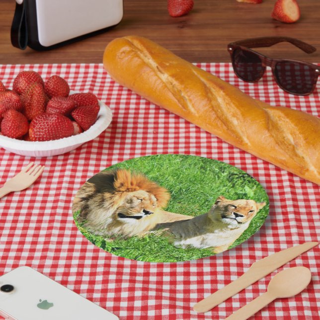Lions Resting Together on Sunlit Grass Paper Plate (Picnic)