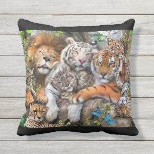 Lions, tigers, and cheetahs in paradise cushion