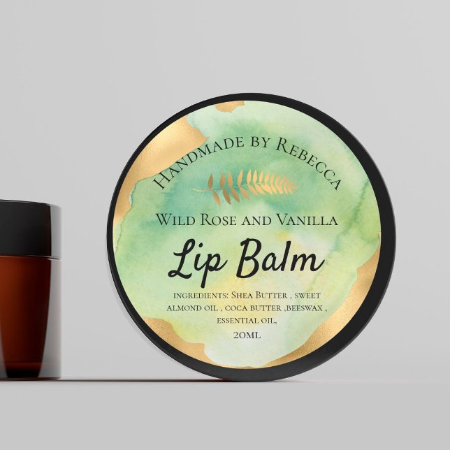  Lip Balm Label Green Watercolor & Gold (Creator Uploaded)