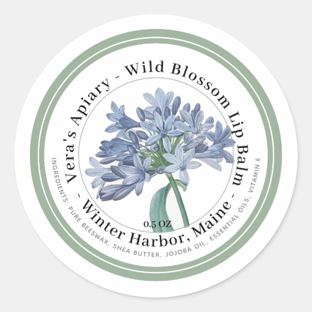 Lip Balm Label Vintage Blue Flower Illustration (Front)