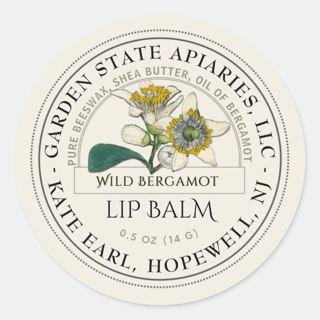 Lip Balm Label with Wild Bergamot on Ivory (Front)