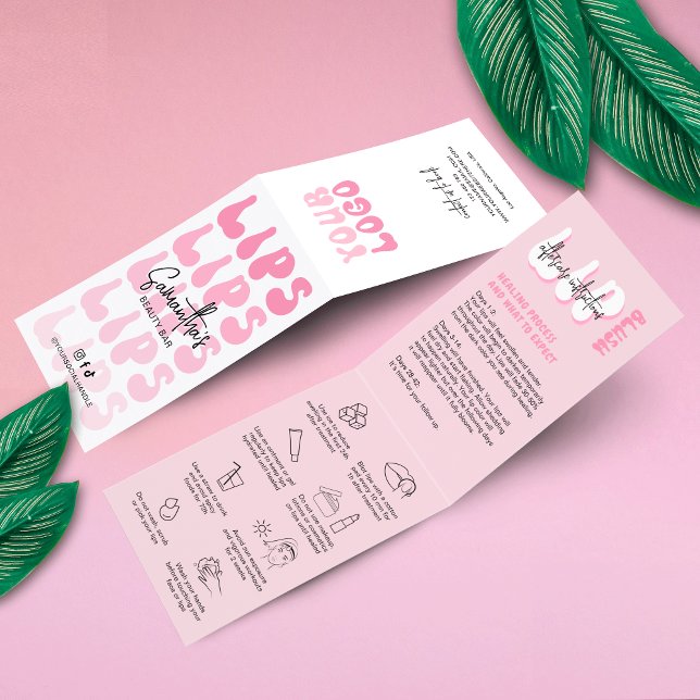 Lip Blush Aftercare Retro Pink Logo PMU Lip Tattoo Business Card (Lip blush aftercare instructions cards in a trendy pink design featuring retro fonts and care icons)
