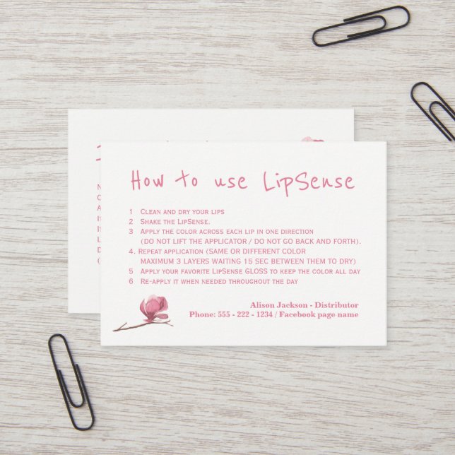 Lip colour distributor application instructions business card (Front/Back In Situ)