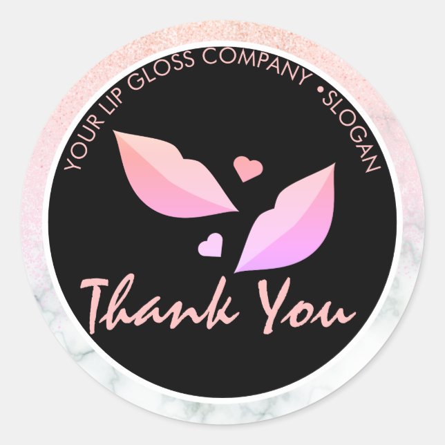  Lip Gloss Business Logo Marble Glitter Pink Classic Round Sticker (Front)