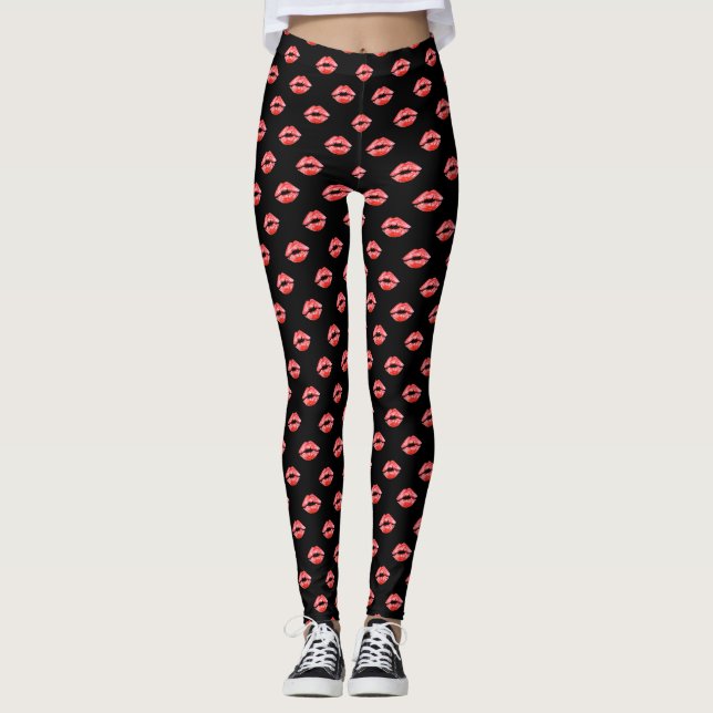 Lip Print Leggings Black Red kiss Pants (Front)