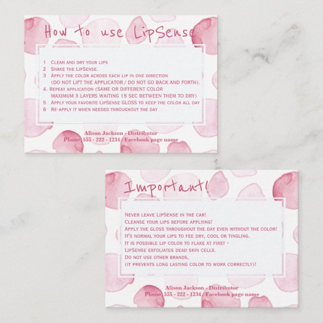 Lip product distributor application instructions business card (Front/Back)