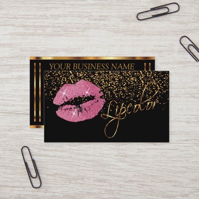 Lipcolor with Gold Confetti & Pretty Pink Lips Business Card (Front/Back In Situ)