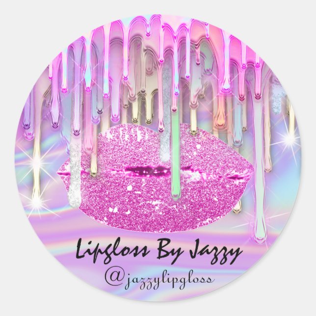 Lipgloss Makeup Drips Packaging Pink Holograph 1 Classic Round Sticker (Front)