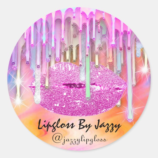 Lipgloss Makeup Drips Packaging Pink Holographic  Classic Round Sticker (Front)