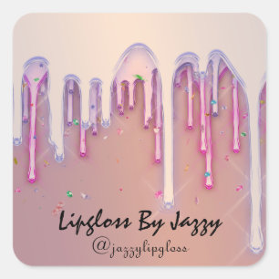 Lipgloss Makeup Pink Rose Drips Favour Square Sticker