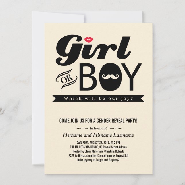 Lips and Moustache Baby Gender Reveal Party Invite (Front)