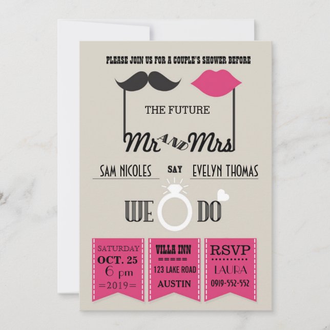 Lips and Moustache Typography Chic Wedding Shower Invitation (Front)