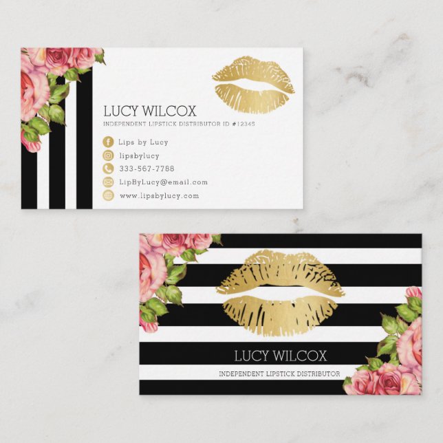 Lips Business Cards, Floral Black & White Stripes Card (Front/Back)