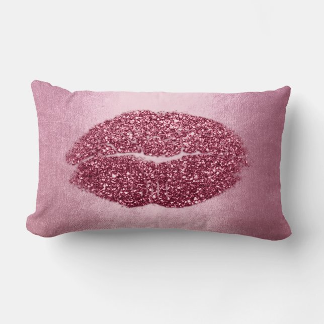 Lips Glitter Maroon Peony Burgundy  Makeup Kiss Lumbar Cushion (Front)